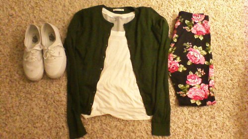 Green Cardigan: Etiquette (teaspoon) White Tee: Charlotte Russe Floral Leggings: Love Culture White 