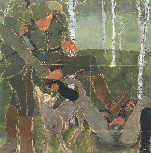 nyctaeus:Kai Althoff, ‘Untitled (Three Men and Dog)’, lacquer, watercolour and varnish on paper on c