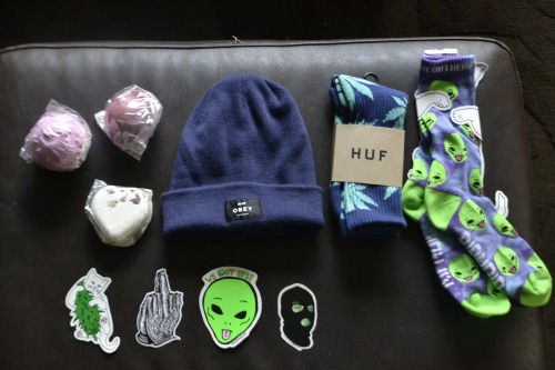 thc-kittyy:  thc-kittyy:  GIVEAWAY TIME<3 the winner will recieve: an obey beanie huf socks ripndip tie dye socks 3 lush bath bombs(space girl, tisty tosty, & twilight) 4 stickers(shown above) rules: must be following thc-kittyy must be living