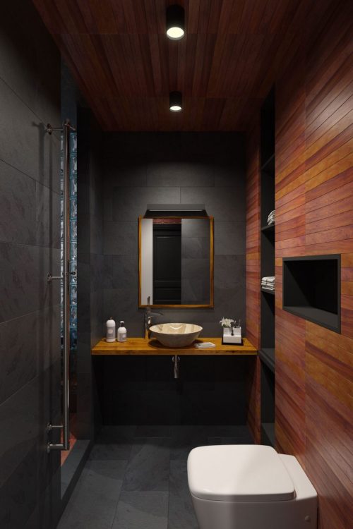 remodelproj: Dark tile with dark wood bathroom finishes Millionheir | Luxury At Its Finest