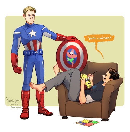 rogers-and-stark:  demon18x:  wt…? by Hallpen  In Tony’s defense, he’s painting Spongebob on his helmet xD