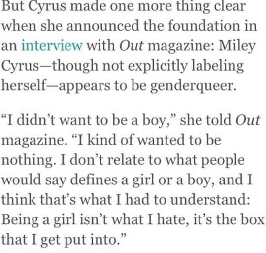 theroguefeminist:  communistbakery:  kidswivguns:kidswivguns:  miley cyrus just came out as genderqueer and bi/pan and shes supporting charities that focus specifically on homeless lgbt+ youth and giving shoutouts to leelah alcorn…………………………………………………yall