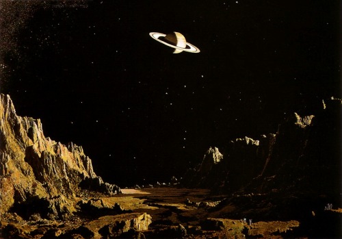 humanoidhistory:Saturn, as seen from Iapetus, painted by Chesley Bonestell.