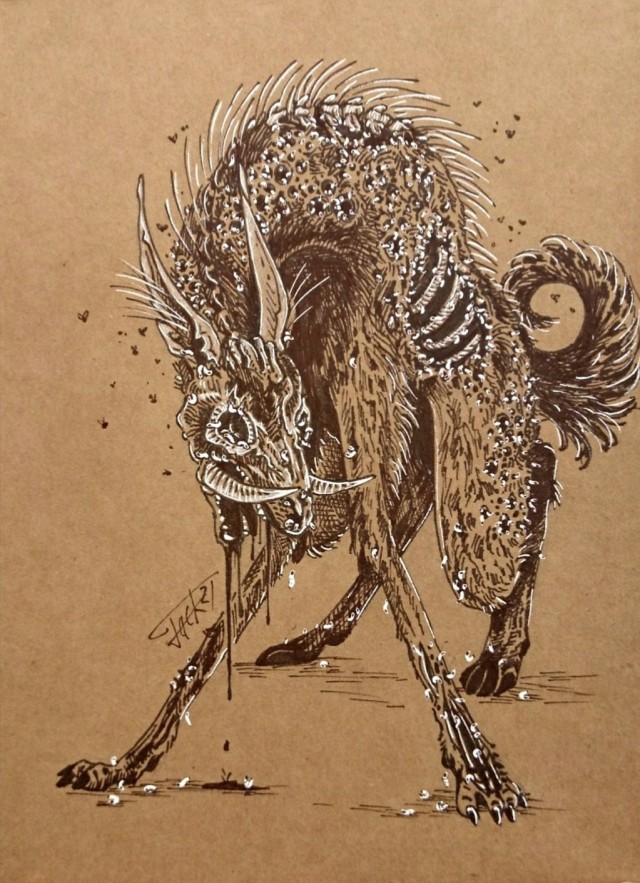A black and white drawing on brown paper of a quadrepedal furred creature. It has large tusks, long ears, and a wolf-like body. The skin is rotting, riddled with holes, and crawling with maggots. 