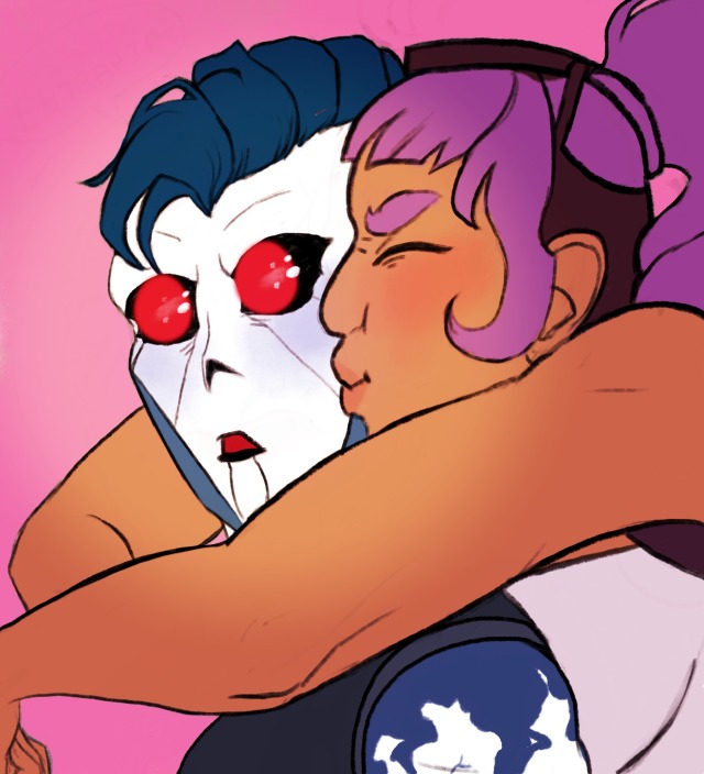 Entrapta kisses Hordak's cheek suddenly. Hordak's glowing eyes widen, he looks shocked.