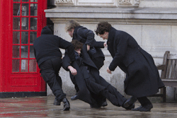 holy-super-who-lock:  whovian-assbutt:  I’m crying, this is hilarious  i swear to fucking god if this is how they are doing how sherlock survived, by some guy doing the fall for him and people dragging him away and then sherlock just flopping down in