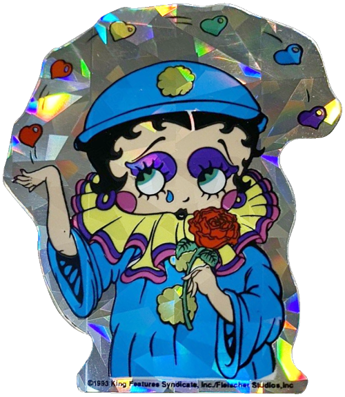 transparentstickers:1993 sticker of Betty Boop in a blue pierrot style outfit, juggling hearts while