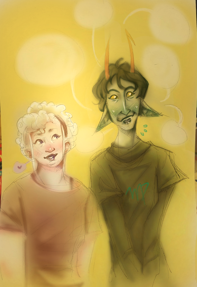 A waist up drawing of Rose and Kanaya from Homestuck on a yellow background. Rose is staring at K dreamily, while K rambles and looks off to the side, embarassed. they look to be about in their teens.