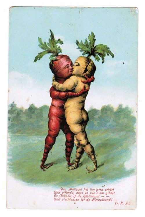 talesfromweirdland:How vegetables make love.Postcard from the 1920s.