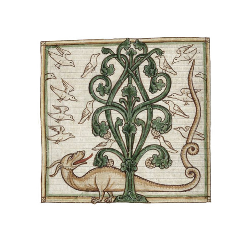 hrothgar: Doves nesting in a perindens tree while a dragon waits below, Harley 3244, ff. 58v, 2nd o