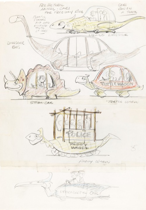 Designs for a Flintstones-themed amusement park ride. 1970s.