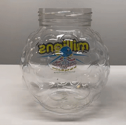 gif of a raspberry shaped plastic jar being filled with tiny, light blue candies. the jar is filled most of the way before a person grabs the jar and shakes it a bit, creating space to fill it the rest of the way with more of the same candy.