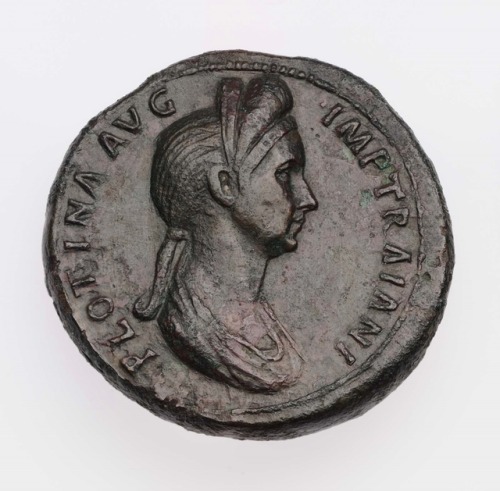 theancientwayoflife:~ Sestertius with bust of Plotina, struck under Trajan.Culture: RomanPeriod: Imp