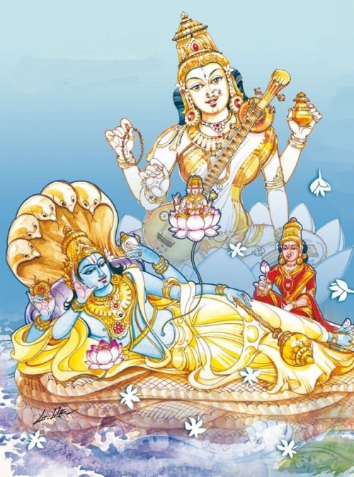 Seshasaiy Vishnu with Lakshmi and Sarasvati, and Brahma