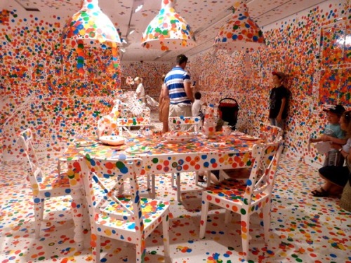 exxxmilitary:  The Obliteration Room - Yayoi Kusama (2012)  Yayoi Kusama constructed a beautiful yet simple domestic environment complete with a piano, a table, chairs, and other household decorations in a brilliant white at the Queensland Gallery of