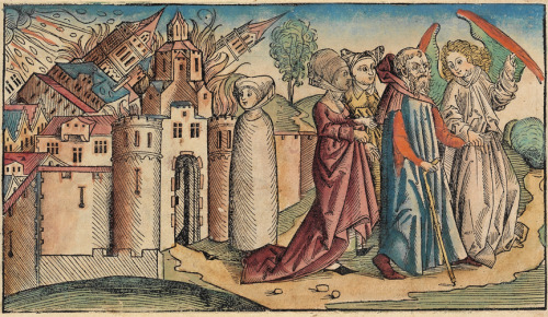 Lot’s wife transformed into a salt pillar while he flees Sodom with an angel and his daughters