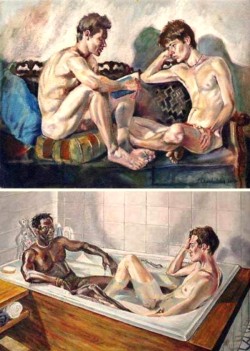 uranist-art:  Evan Oberholster (1956) - Peintre sud-africain 2|5  (1) My Brother, My Brother / Mon frère, mon frère  (2) On Bath : The State of  the Nation / Au bain : L’état de la nation  Source : http://homoerotimuseum.net/afr/afr10/503.html