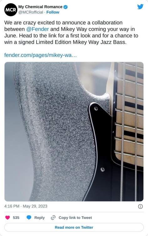 We are crazy excited to announce a collaboration between @Fender and Mikey Way coming your way in June. Head to the link for a first look and for a chance to win a signed Limited Edition Mikey Way Jazz Bass.⁰⁰https://t.co/2rfwDM75b7 pic.twitter.com/dQN9O6RIt0

— My Chemical Romance (@MCRofficial) May 29, 2023