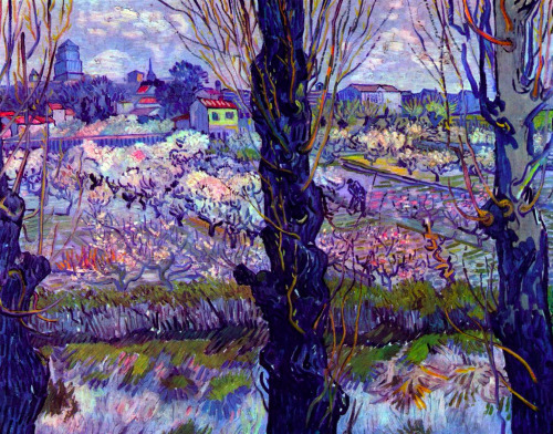 huariqueje:View of Arles, Flowering Orchards by Vincent van Gogh,1889 Neue Pinakothek, MunichSource:
