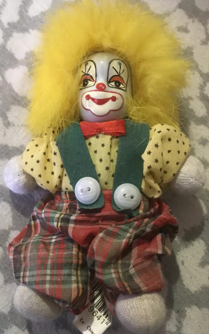 3 Vintage porcelain face clown doll jester joker circus clown dolls weighted clown figures beanie body clown white hand painted face,