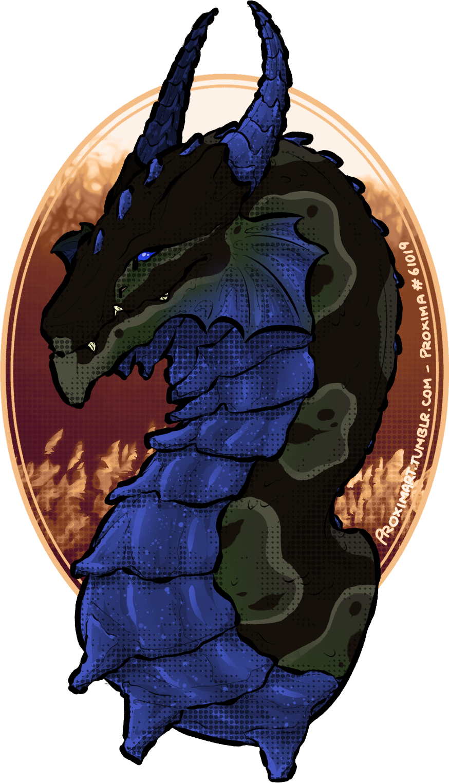 bust of a Flight Rising guardian dragon, drawn in a semi-realistic style with screentone shading. this one has camo python and navy glimmer genes, and the background is an orange-framed oval with a red and gold edited photo of a bed of reeds.