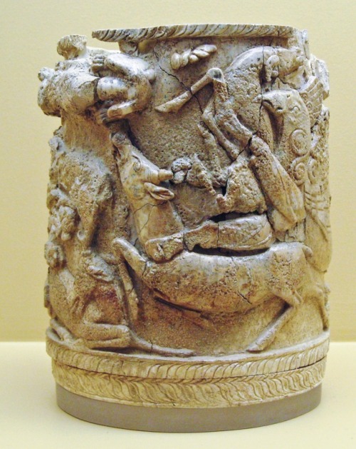 lionofchaeronea:Mycenaean ivory pyxis depicting griffins attacking stags.  Artist unknown; late 15th