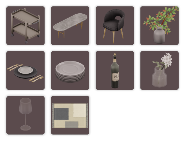 Preview of 10 items from myshunosun's Gale Dining objects set for The Sims 4.