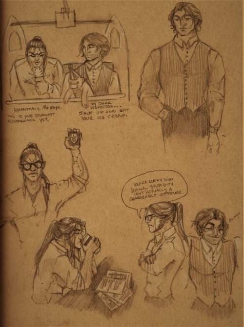 Two sketchbook pages of modern!AU M-sur-M, thanks mostly to requests from the Sewerchat, who have ki