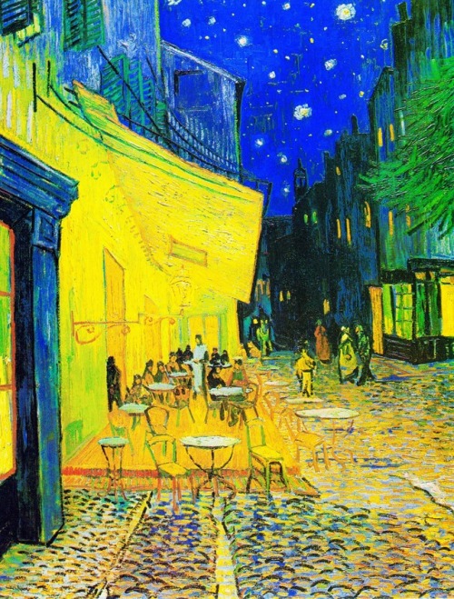 blackink-blush-blood: f8witch:  historyofartdaily: Vincent van Gogh, Café Terrace At Nig