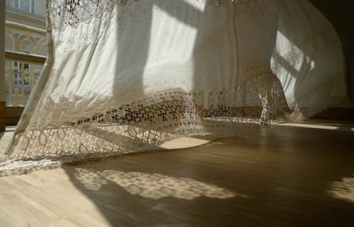 allthedaysordained:Melancholia in ArcadiaGabriel Lester2011, lace curtains, textile hardenerSALT, Is