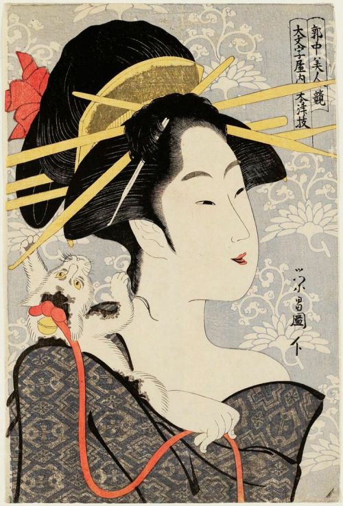 Lady with a cat. Japanese woodblock print, Ukiyo-e.