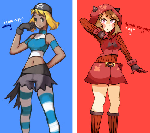 team aqua!may by caroline (left)team magma!may by cheesu (right)did a collab with caroline!!