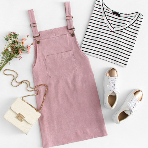 romwe-fashion - Pink Corduroy Overall Dress With Pocket