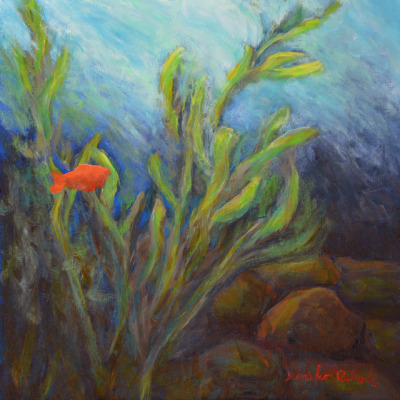 GARIBALDI IN THE KELP FOREST
8" x 8" x ¾", oil on panel
Inspired by a recent trip to Birch Aquarium at the Scripps Institute of Oceanography, this painting of a kelp forest features the official California state fish, garibaldi.