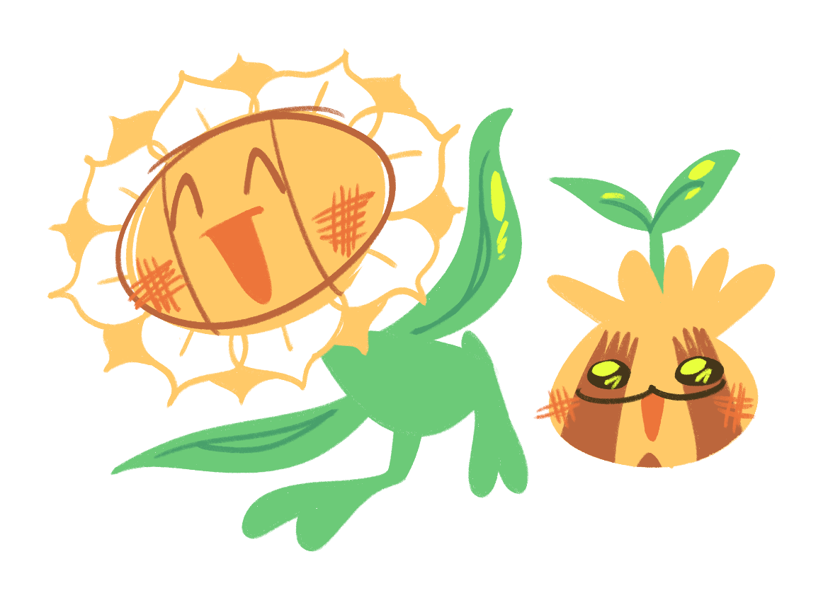 some of my faves ^__^
 [id: lineless drawings of sunflora and sunkern. their mouths are open in a smile, and sunkern’s eyes 