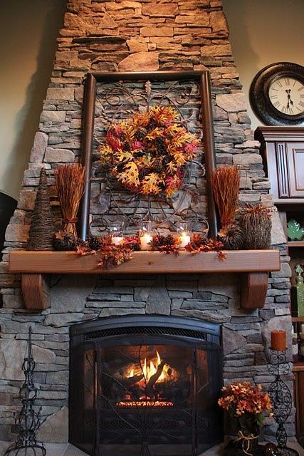 sweetestesthome:  thanksgiving mantel! Love this cabin’s fireplace and mantel decorated