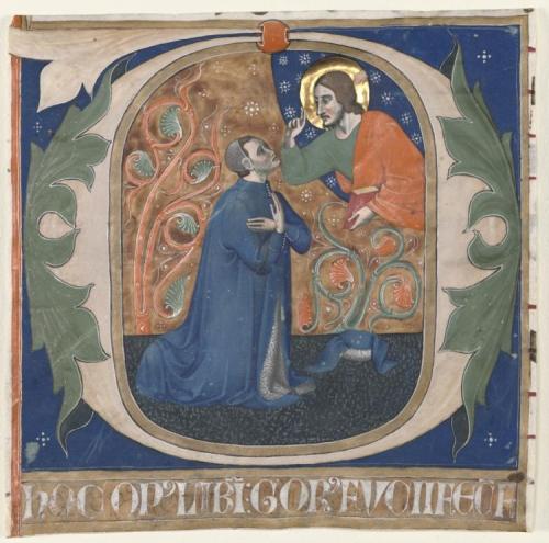 cma-medieval-art: Historiated Initial (O) Excised from an Antiphonary: The Donor, Gorus Fucci, Kneel