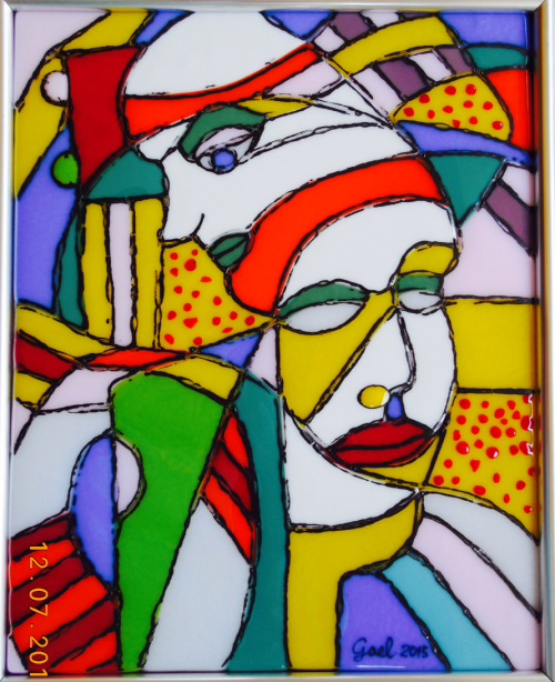 <p>“Carnevale Italiano” by P. Tosi & L. Sweeney, July 12, 2015. This artwork was made out of fused glass in a semi-cubist style. It is a completely original design that calls attention to the Venetian Glass Tradition. This are is made out of fused glass, a process of cutting the pieces, fitting them together, and hearing them in a glass oven. In some ways it is similar to Tiffany because the pieces have been fitted together. Then colored glass dots were sprinkled on top and rustic, black lines were painted. Pierangelo Tosi cut the glass and fabricated the final piece. This original artwork will be for sale for the price of $1900. GAEL Glass can be found at <a href="http://gaelglass.com">http://gaelglass.com</a>. For more information, write us at:<br/>
LauraSweeneyWrites@gmail.com</p>