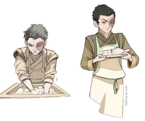 Two sketches of Zuko side by side. He has short hair and is dressed for his tea serving job, with his white-ish apron and earthy toned clothes underneath. The first sketch on the left shows him doing the dishes, with a sour expression on his face, and the sketch on the right shows him carrying a tray with two cups and a teapot - and of course his signature grumpy expression.