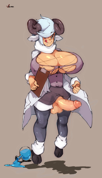 maiz-ken:  Commission of a scientist sheep girl covered in a boob and dick growing liquid.  