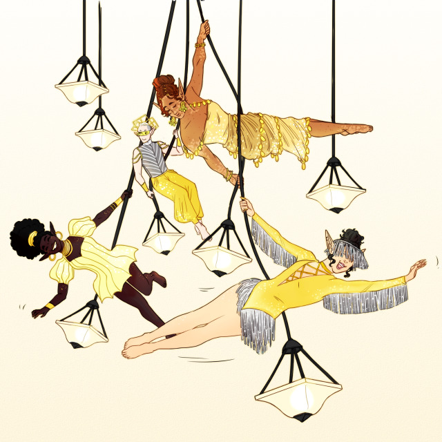 A drawing over four elves swinging playfully from black, hanging light fixtures. The closest elf has fair skin, black hair in a bun, and a slight build. She is wearing a gold leotard with a sparkling, silver fringe. On her head is a matching, silver headdress that obscures her face. The second closes elf has tan, vitiligo skin, auburn hair done up in a bun, and a slight build. They are wearing a gold dress with gold coins wrapped around the shoulders and skirt. The third elf has brown skin, black hair in an afro puff, and a slight build. She is wearing a yellow dress with a lampshade-like construction. She is also wearing a wide, gold choker and tiara. The fourth elf has pale skin, short white hair, and a slight build. They are wearing a silver, sleeveless top, yellow harem pants, yellow glasses, and a headpiece of gold, geometric shapes.