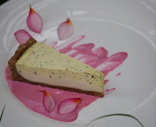 Cashew-based passionfruit cheesecake with dragon fruit tahini sauce. 