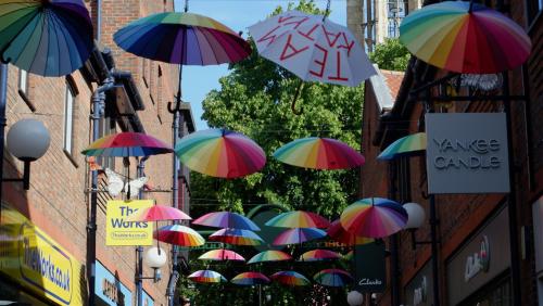 Rainbow Brolly Walk, York, England.Last year these brollies appeared as a celebration of York Pride.