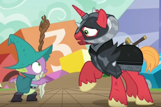 So we have a boy voiced by a woman who is obviously playing a Gandalf-type character (who was played by a gay rights activist) and we have an Earth pony who imagines himself as being part of a different race for the second time. And then we have this&mdas