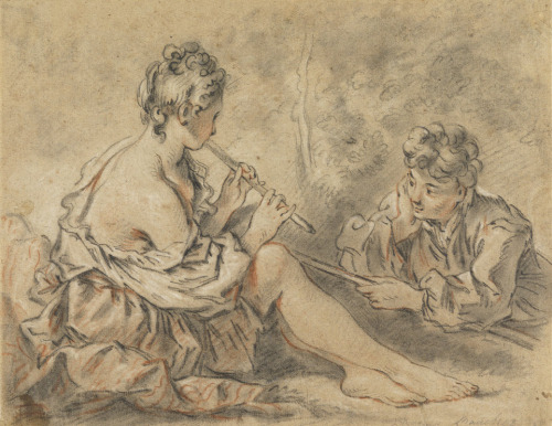 Shepherdess Piping to a ShepherdFrançois Boucher (French; 1703–1770)ca. 1760Red and black chalks on 