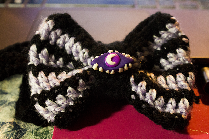 Crocheted bowtie for my Cecil cosplay! Button is scuplted from Primo and Fimo&rsquo;s