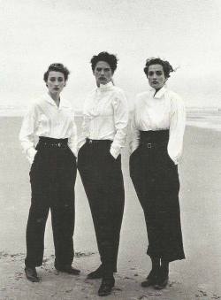 photographicpictures:Marie Sophie Wilson, Lynne Koester and Tatjana Patitz in Comme des Garçons. Photo Peter Lindbergh in Le Touquet, France 1987.