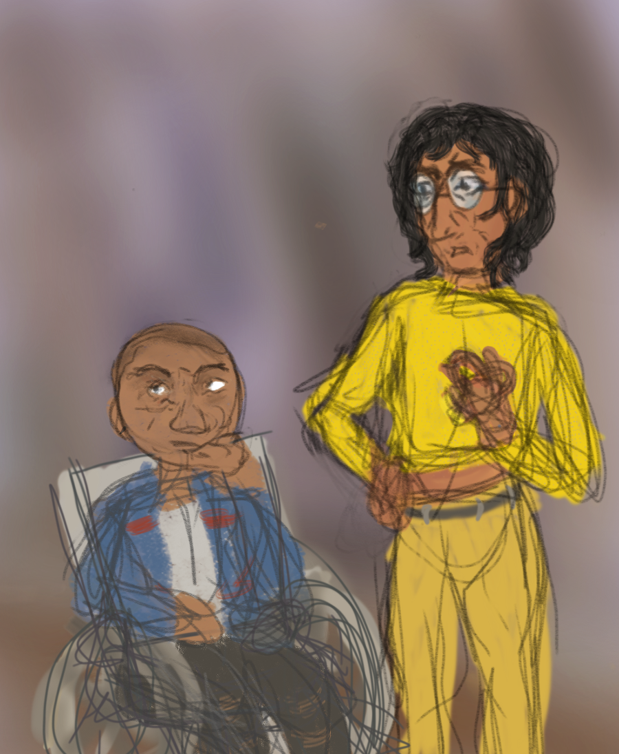 digital painting of my Artoo Deeto And See Threepio Gender Ambiguous Humanizations. Threepio is a skinny tan person with a bouncy black mullet of hair and large glasses, wearing a bright yellow crop top sweater and golden pants with a black belt. They have one hand on their hip, and are gesturing with a scolding expression at artoo. Artoo is a round faced, tan brown person in a gray wheelchair, with buzzed hair, a blue jacket over white tank top, and black torn jeans. They’re resting their elbow on an armseat of their chair, and their chin on their hand, rolling their eyes exasperatedly. The fuzzy background is a brown and blue room.