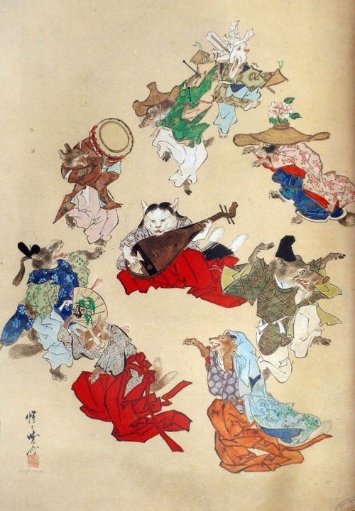 beifongkendo:Dancing animals/spirits in kimono (part of yokai print series) by Kawanabe Kyosai, ca. 