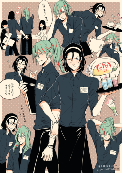 gui0823:  Toudou+Makishima Waiter PARO little translation↓ The sentence if not fluent, so sorry Upside: Do you need more help? Left: Welcome! You are beautiful today! Bottom Left: After work, go home together! Maki-chan! 